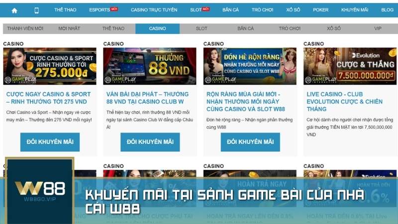 Khuyến mãi tại sảnh game bài của nhà cái W88