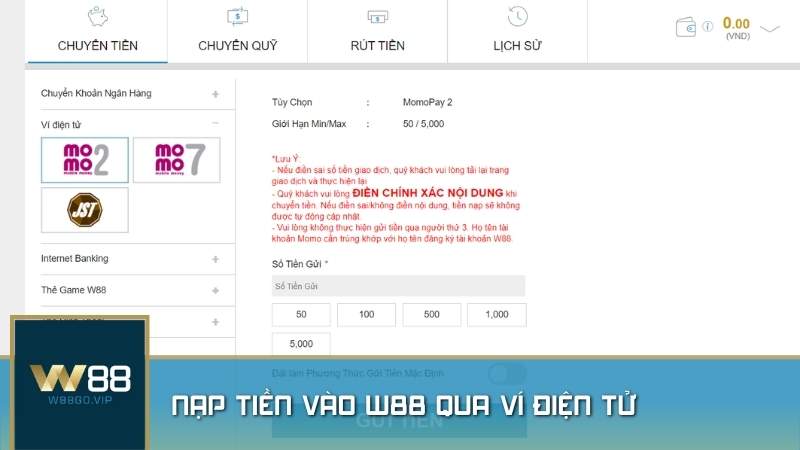 Nạp tiền vào W88 qua ví điện tử