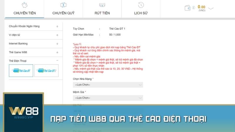 Nạp tiền W88 cùng thẻ cào điện thoại cũng là hình thức chuyển tiền an toàn và tiện lợi tại khi tham gia cá cược trực tuyến