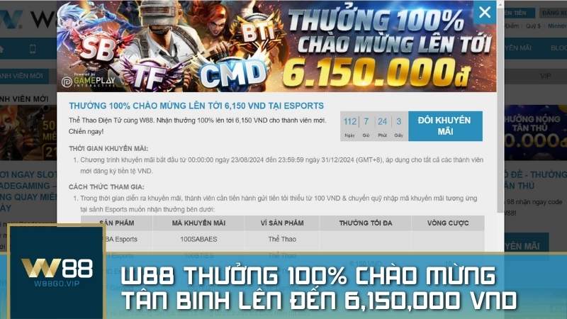 W88 thưởng 100% chào mừng tân binh lên đến 6,150,000 VND